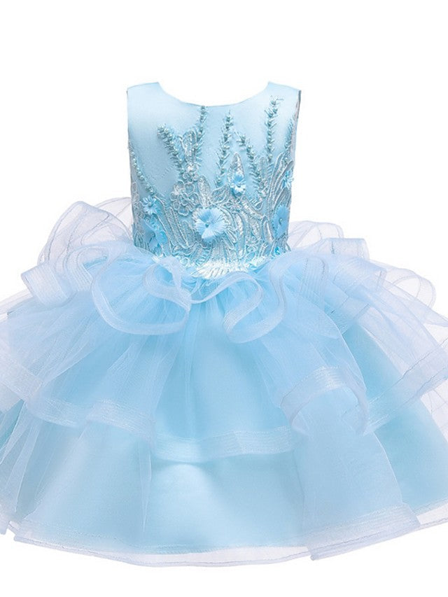 Short Ball Gown Tulle Sleeveless Jewel Neck Wedding Party Flower Girl Dresses-Babyonlinedress