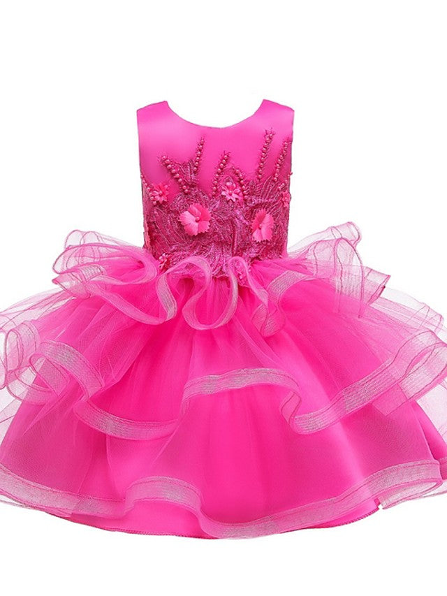 Short Ball Gown Tulle Sleeveless Jewel Neck Wedding Party Flower Girl Dresses-Babyonlinedress