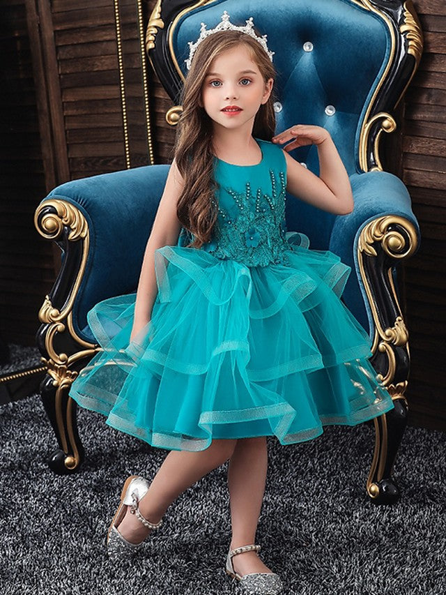 Short Ball Gown Tulle Sleeveless Jewel Neck Wedding Party Flower Girl Dresses-Babyonlinedress
