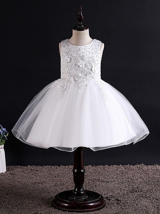 Short Ball Gown Tulle Sleeveless Jewel Neck Wedding Party Flower Girl Dresses-Babyonlinedress
