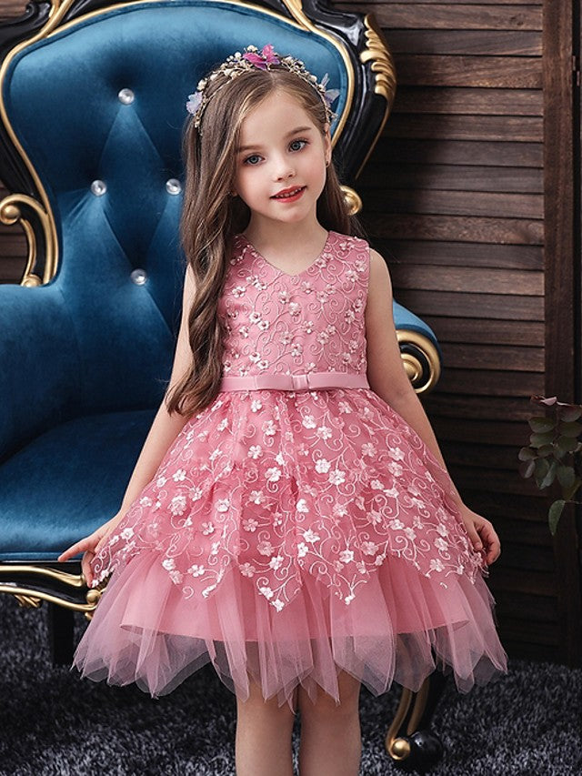 Short Ball Gown Tulle Sleeveless V Neck Wedding Party Flower Girl Dresses-Babyonlinedress