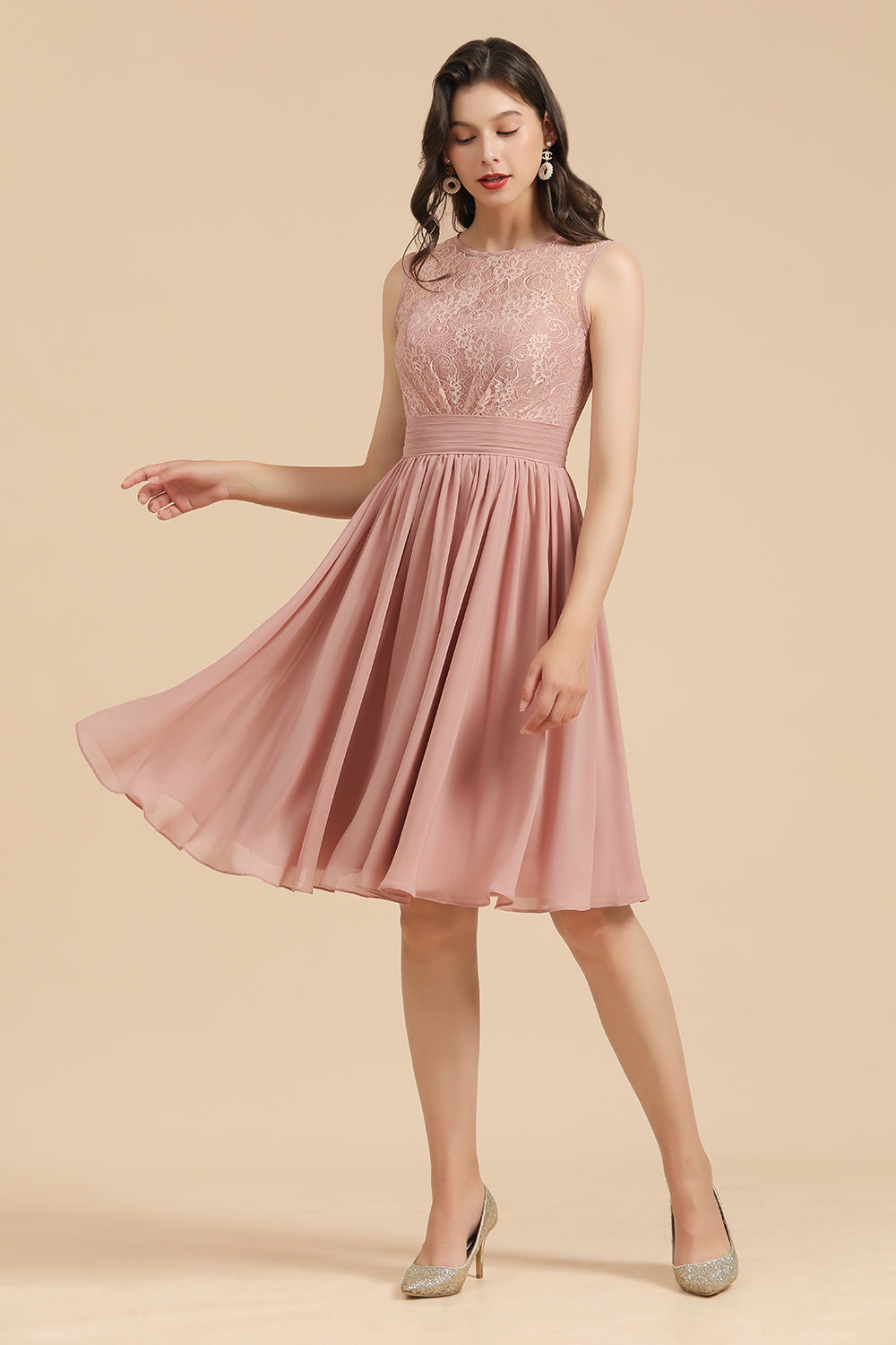 Short Lace Dusty Rose Junior Bridesmaid Dress-Babyonlinedress