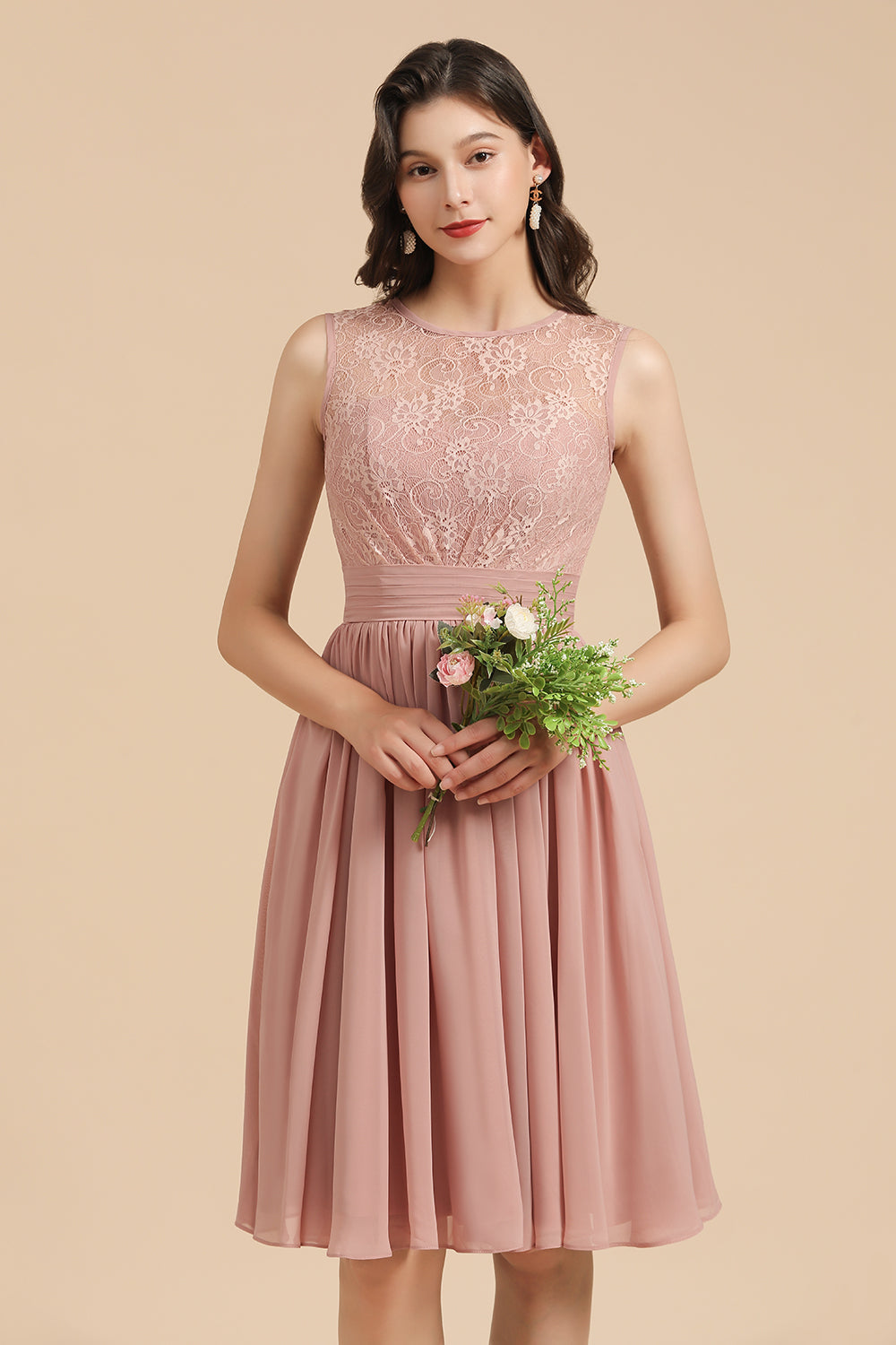 Short Lace Dusty Rose Junior Bridesmaid Dress-Babyonlinedress