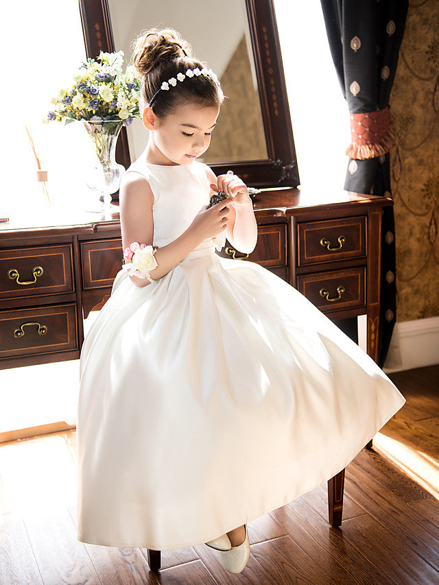 Short Princess Satin Jewel Neck Wedding First Communion Flower Girl Dresses-Babyonlinedress