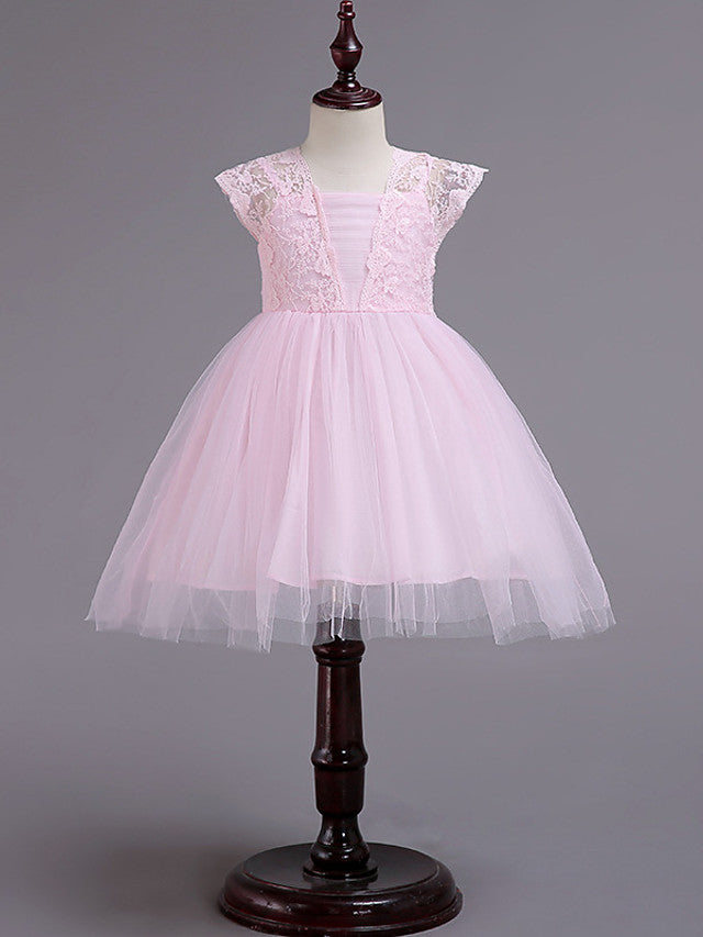 Short Princess Square Neck Lace Tulle Wedding Party Pageant Flower Girl Dresses-Babyonlinedress