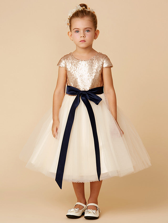 Short Princess Tulle Sequined Jewel Neck Pageant Flower Girl Dresses with Sleeves-Babyonlinedress