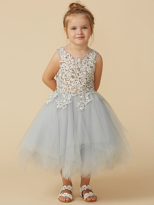 Short Princess Tulle Sleeveless Jewel Neck Pageant Flower Girl Dresses-Babyonlinedress
