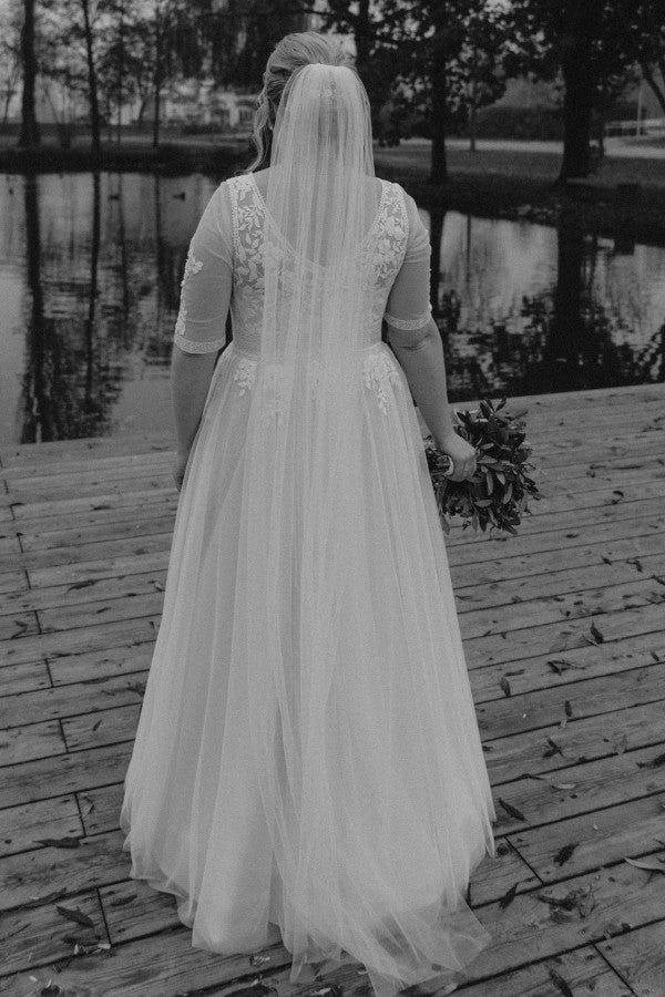 Babyonlinedress Simple Half Sleeves Plus Size A-line Lace Wedding Dresses