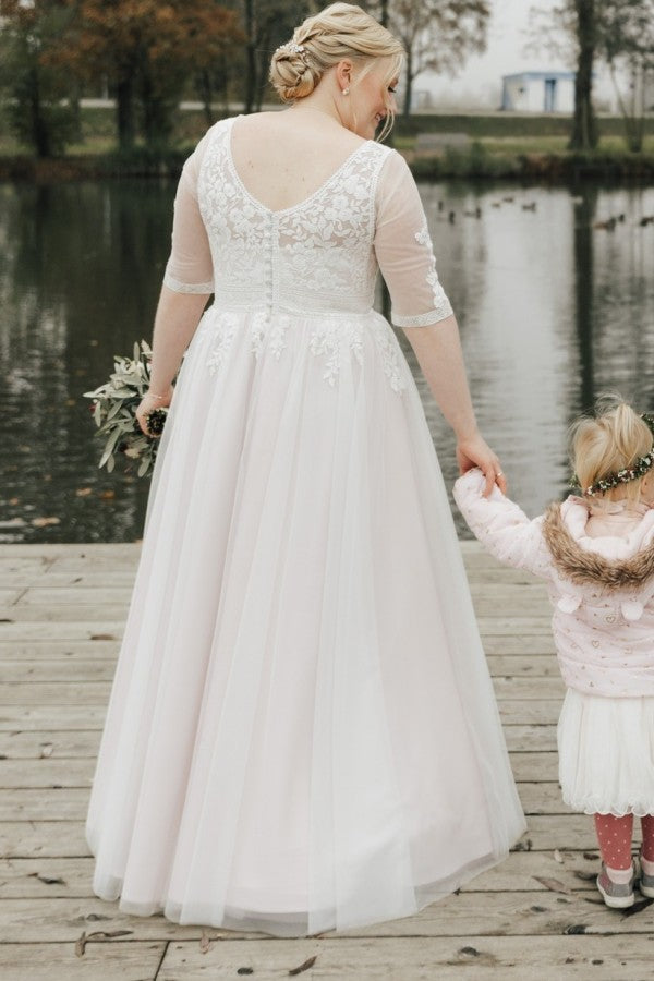 Babyonlinedress Simple Half Sleeves Plus Size A-line Lace Wedding Dresses