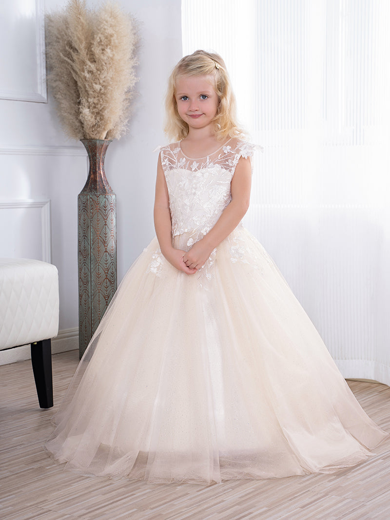 Simple Long A-line Tulle Flower Girl Dresses with Appliques Lace-Babyonlinedress