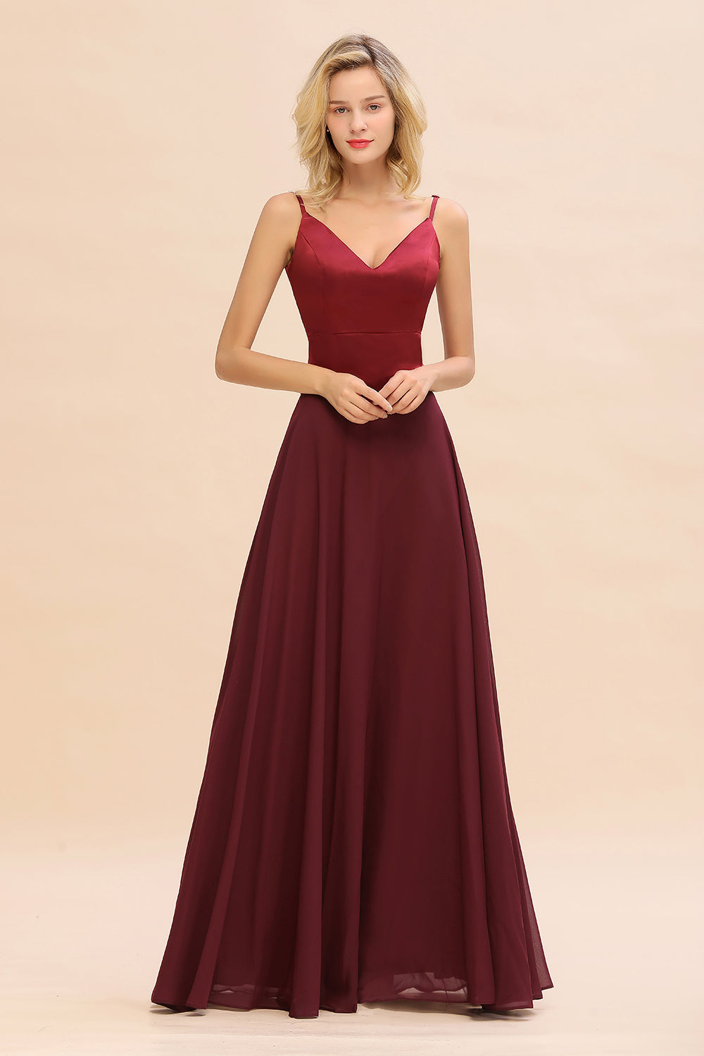Simple Satin Chiffon Spaghetti-Straps Burgundy Long Bridesmaid Dress-Babyonlinedress