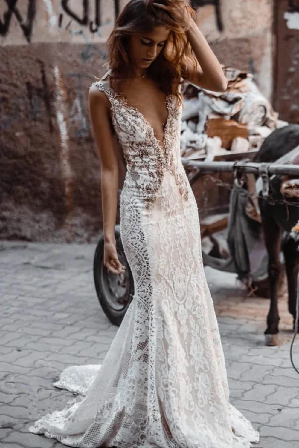 Sleeveless Mermaid Backless Lace Wedding Dress with Beading-27dress