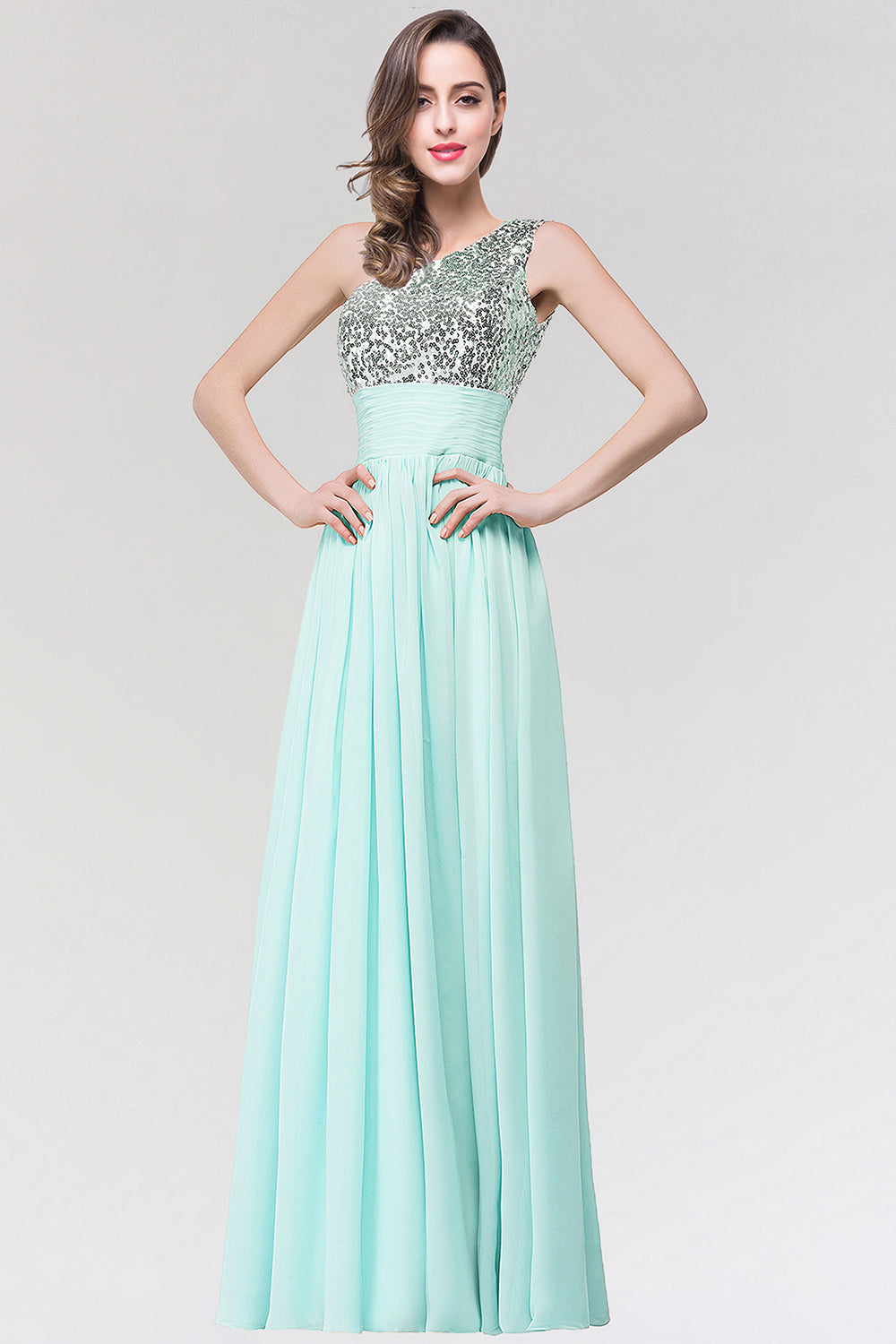 Sparkly One-shoulder Ruffle Long Bridesmaid Dresses with Sequined Top-Babyonlinedress