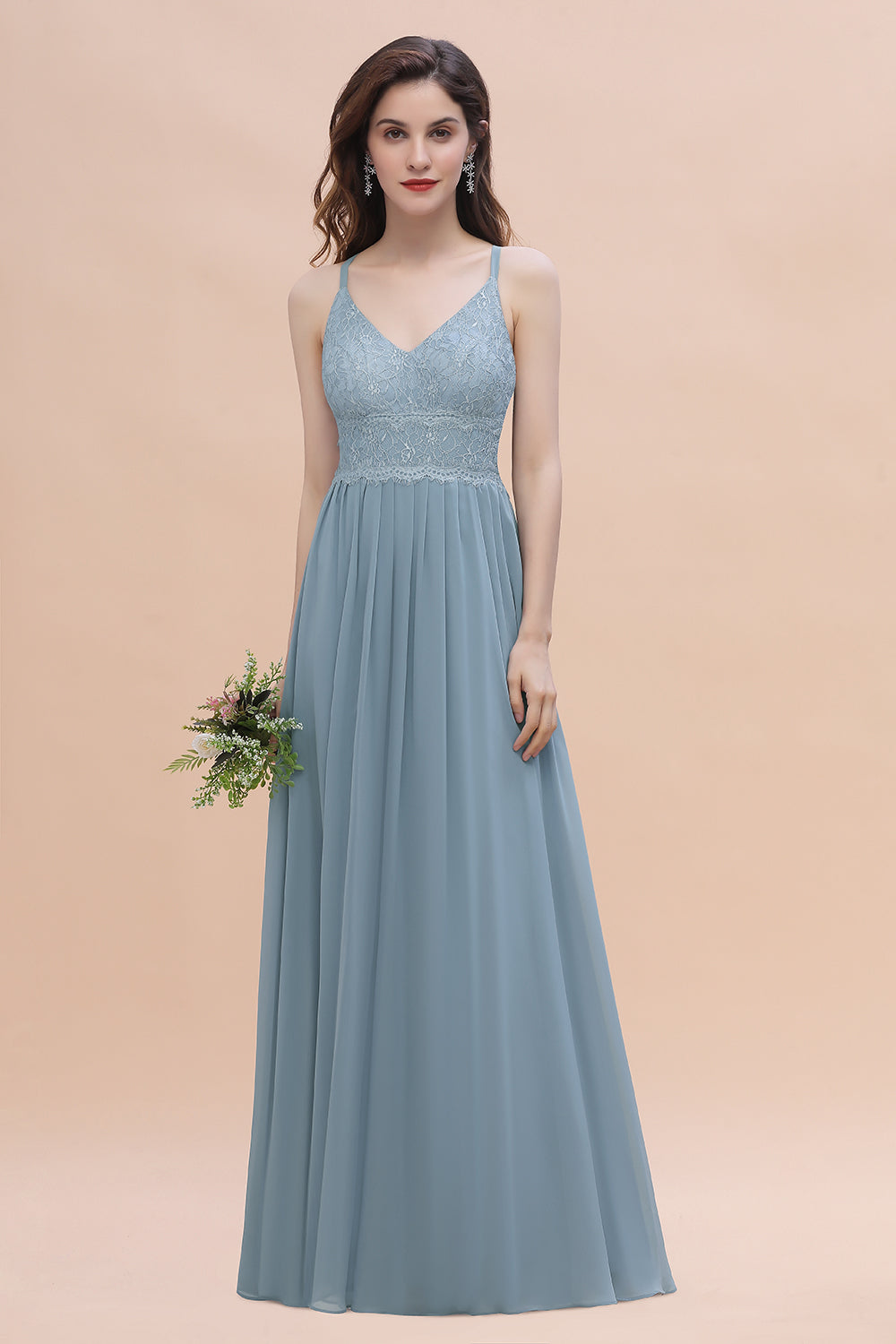Stylish Straps V-Neck Chiffon Lace Dusty Blue Bridesmaid Dress On Sale-Babyonlinedress