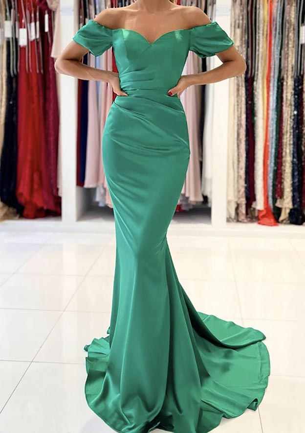 Trumpet/Mermaid Off-the-Shoulder Satin Prom Dress With Pleated Sweep Train-Babyonlinedress