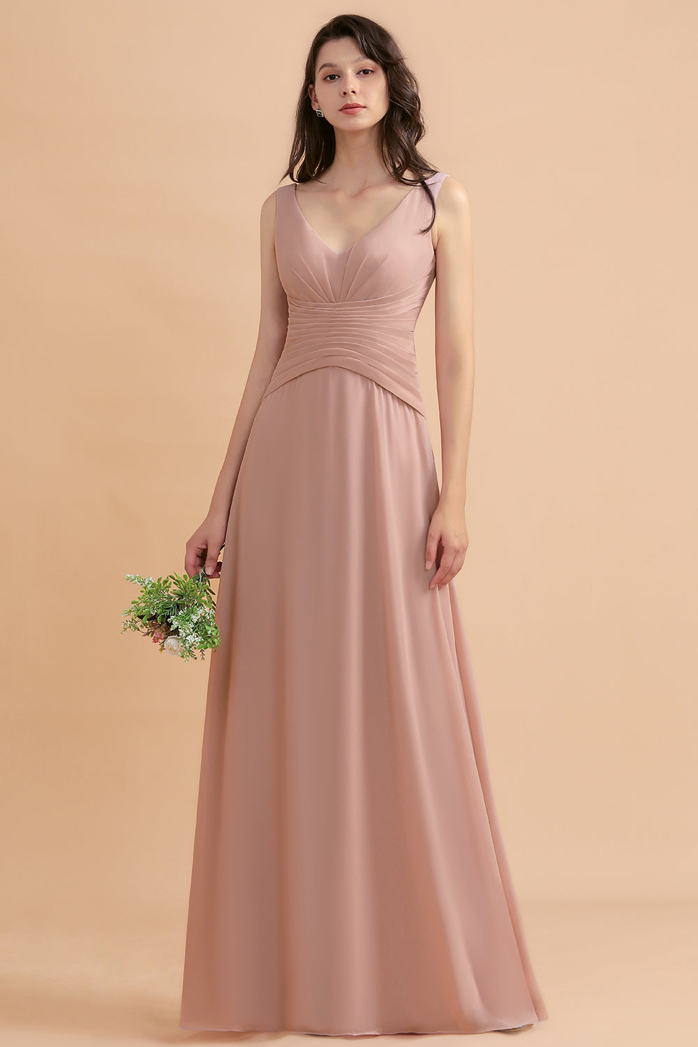 V-Neck Dusty Rose Chiffon Bridesmaid Dress with Ruffles-Babyonlinedress