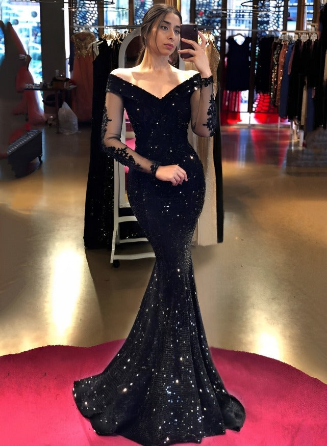 V Neck Mermaid Sequined Lace Prom Dresses With Long Sleeves-Babyonlinedress