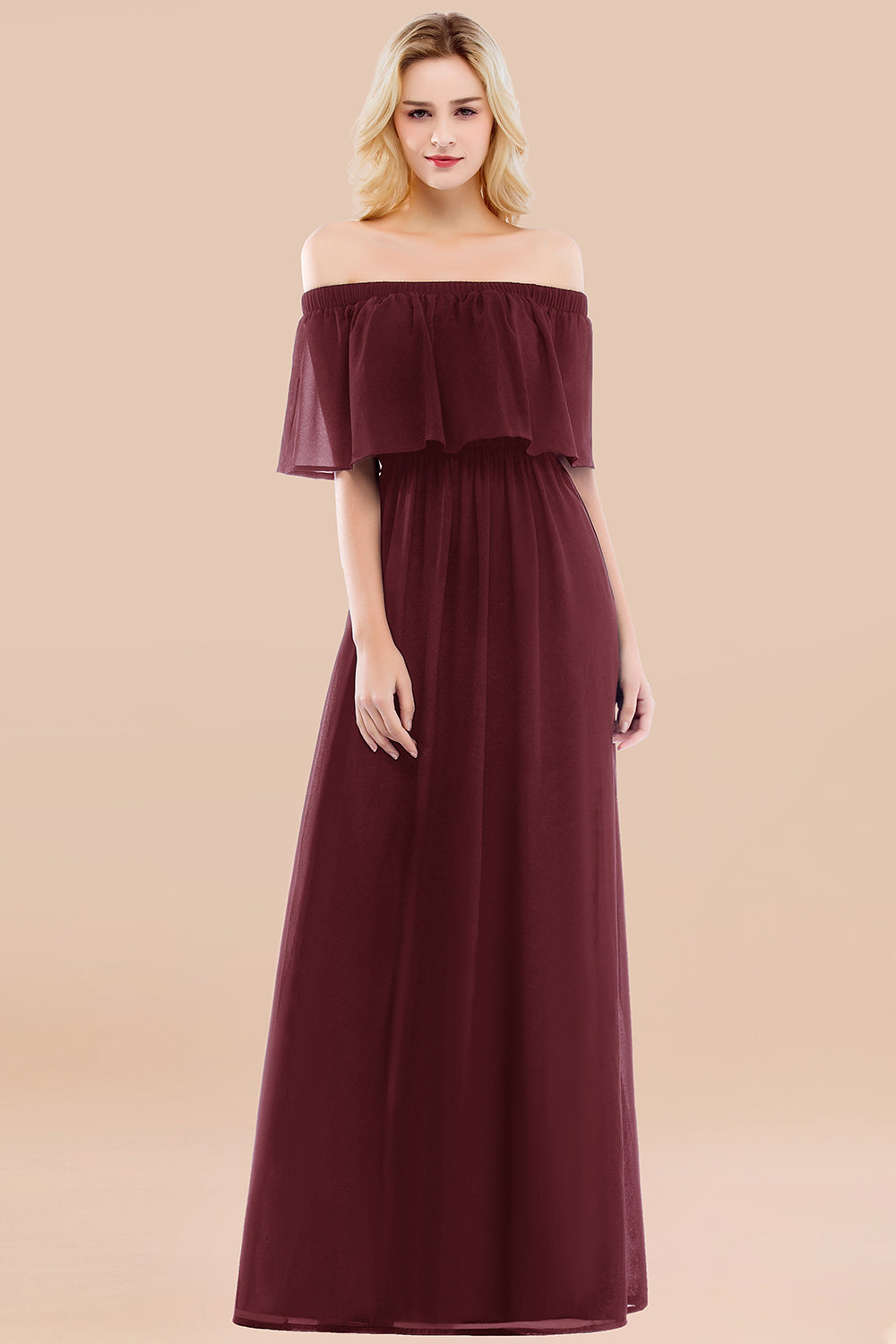 Vintage Off-the-Shoulder Long Burgundy Bridesmaid Dress with Ruffle-Babyonlinedress