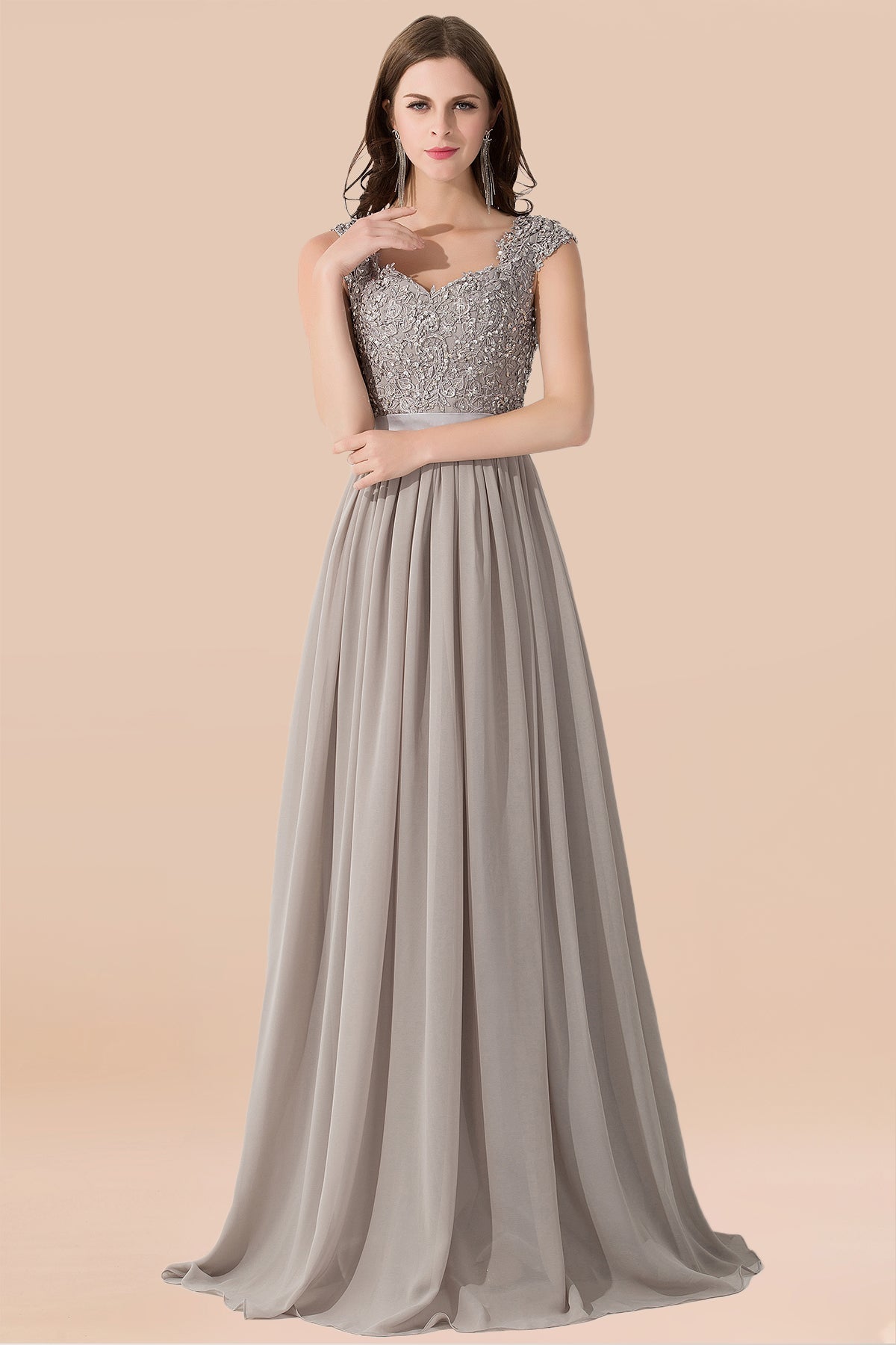 Vintage Silver Sleeveless Long Bridesmaid Dress With Appliques-Babyonlinedress