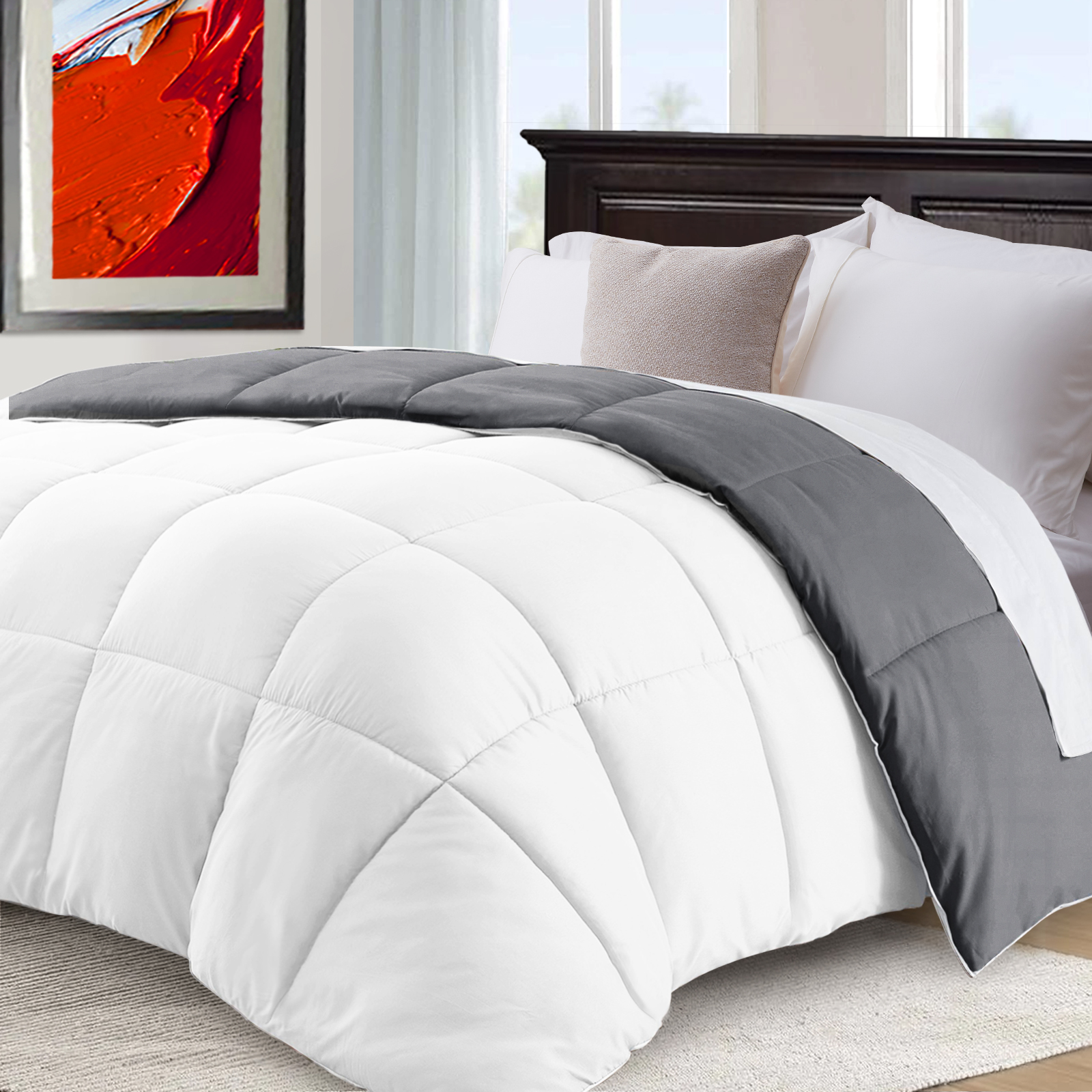 CHOPINMOON All Season King Comforter Cooling Quilted Down Alternative Duvet Insert with 8 Corner Tabs,Luxury,Reversible,White/Grey,90 x 102 inches