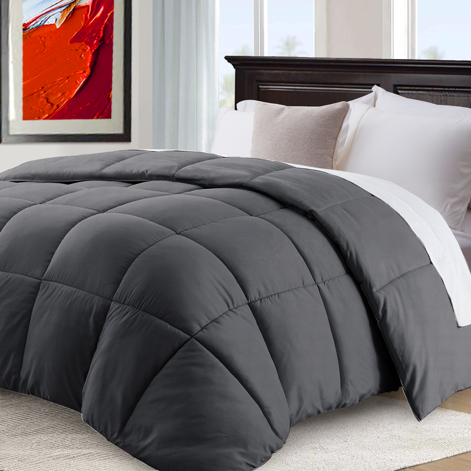 CHOPINMOON All Season Queen Comforter Cooling Quilted Down Alternative Duvet Insert with 8 Corner Tabs,Luxury,Light Grey, 88 x 88 inches