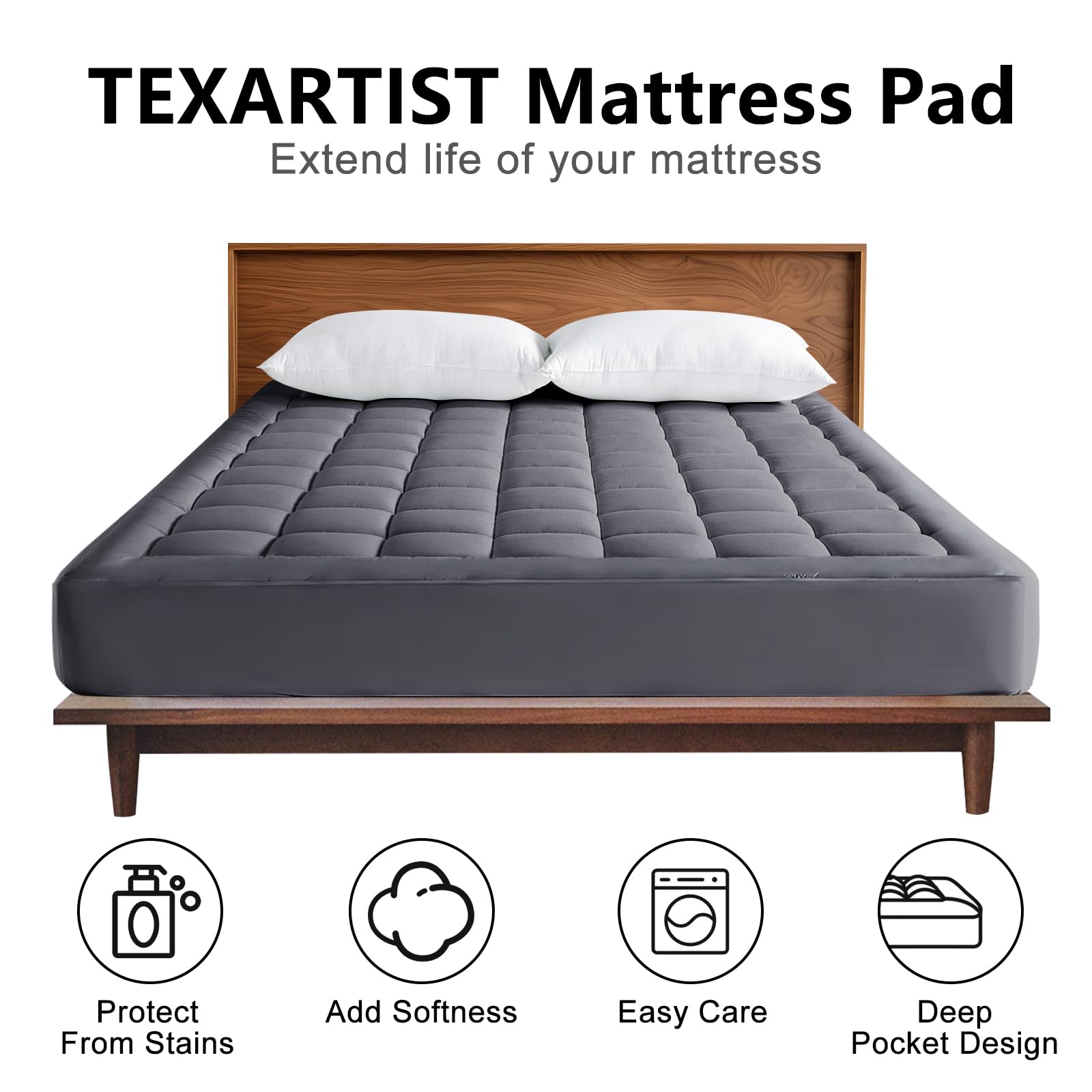 Mattress Pad Gray Full XL, Quilted Fitted With 8-21 Inch Deep Pocket