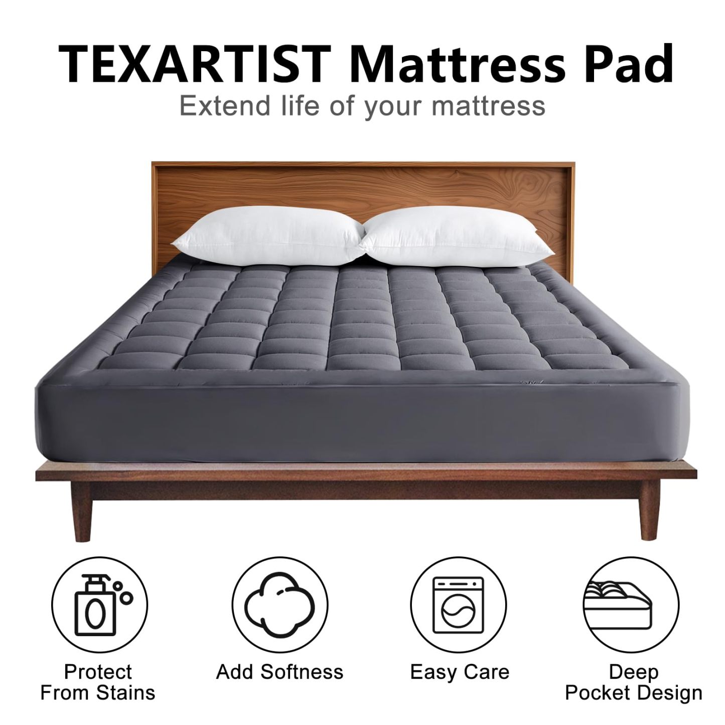 Mattress Pad Gray Full XL, Quilted Fitted With 8-21 Inch Deep Pocket