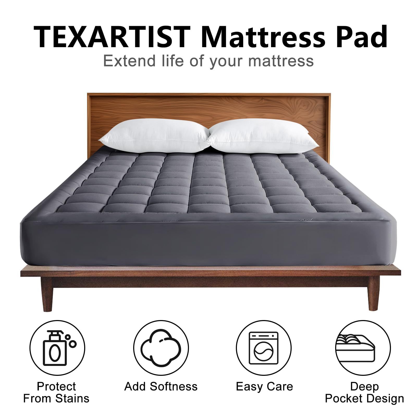 Mattress Pad Gray Full XL, Quilted Fitted With 8-21 Inch Deep Pocket