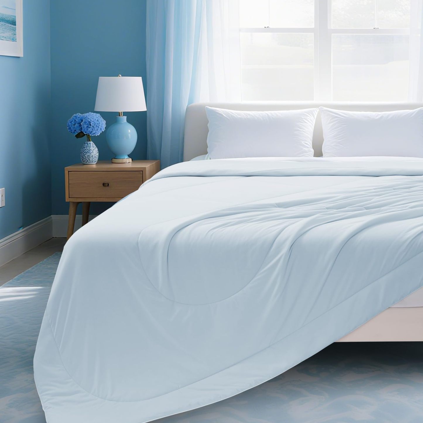 Cooling Blankets for Hot Sleepers and Night Sweats Relief, Q-Max>0.5 Cooling Comforter to Relief Hot Flashes, Queen Size Lightweight Summer Ice Breathable Double-Sided 90"x90", Ocean Breeze Blue