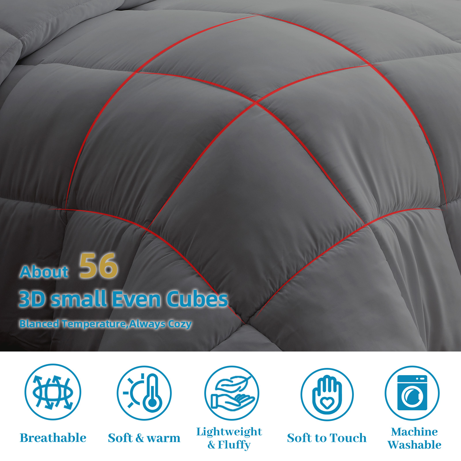 CHOPINMOON All Season Queen Comforter Cooling Quilted Down Alternative Duvet Insert with 8 Corner Tabs,Luxury,Light Grey, 88 x 88 inches