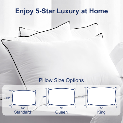 Goose Down Feather Pillows for Bed, Luxury Hotel Pillows with 100% Cotton Shell, Soft Fluffy and Pure Nature, 1 Pack Queen Size 20“x 30“, White