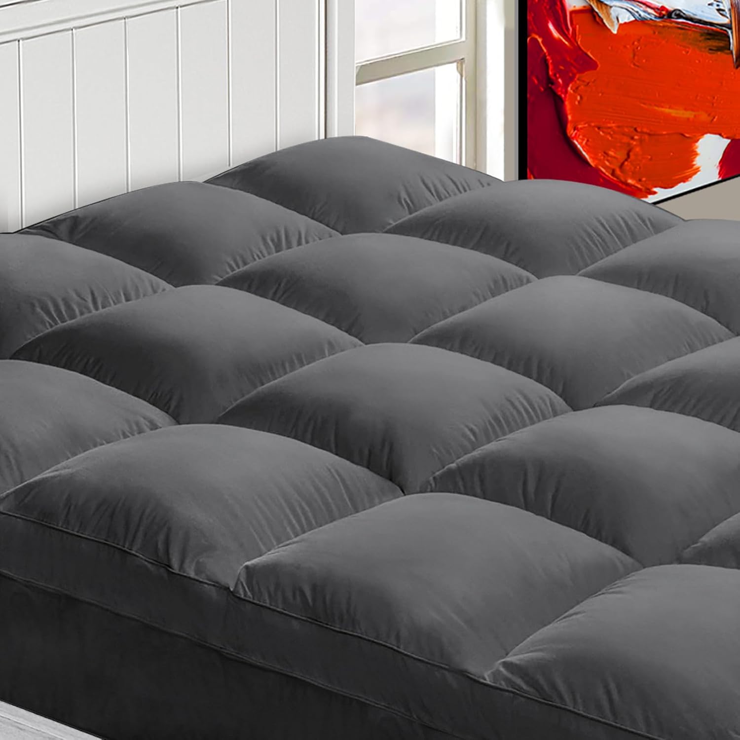 Mattress Topper Twin for Back Pain, Extra Thick Mattress Pad Cover, Plush Pillow Top, Deep Elastic Pocket, Grey