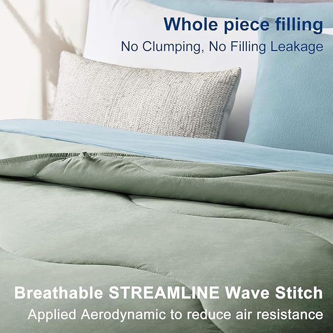 Lightweight Comforter Cooling Green, All Season Duvet Insert Breathable Queen Size Summer Bedding, Soft Microfiber Cool Down Alternative Quilt with Corner Tabs