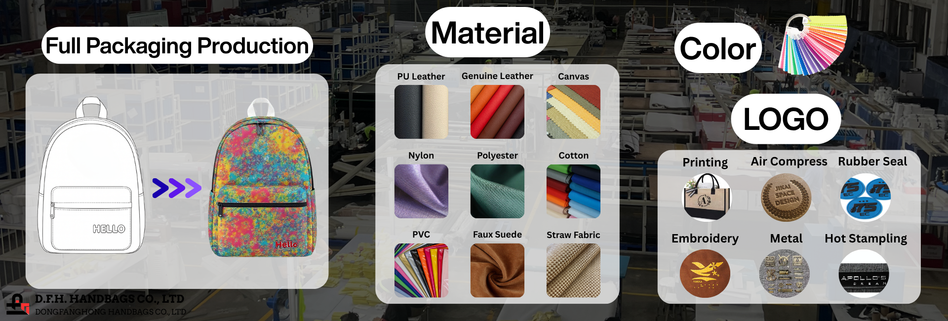 {"default":"variety logo and material showcase for hand bags customization service"}
