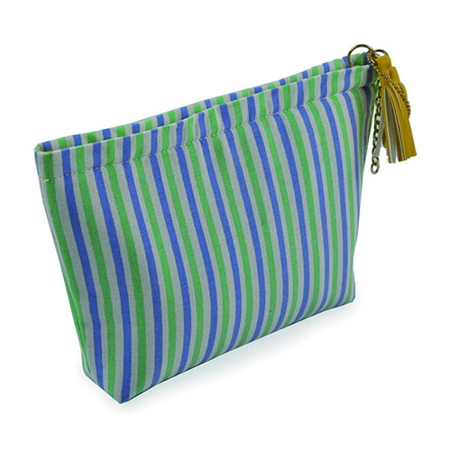 WW25010067 Cotton Purple, White, and Green Vertical-Striped Cosmetic Bag