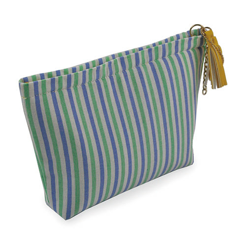 WW25010067 Cotton Purple, White, and Green Vertical-Striped Cosmetic Bag