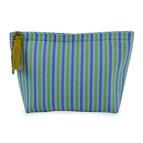 WW25010067 Cotton Purple, White, and Green Vertical-Striped Cosmetic Bag