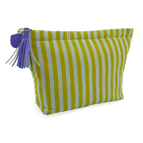 WW25010075 Yellow Stripe Makeup Bag with Purple Zipper