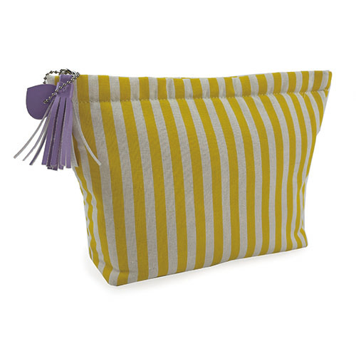 WW25010075 Yellow Stripe Makeup Bag with Purple Zipper