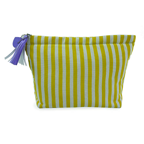 WW25010075 Yellow Stripe Makeup Bag with Purple Zipper