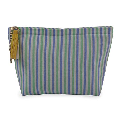 WW25010067 Cotton Purple, White, and Green Vertical-Striped Cosmetic Bag