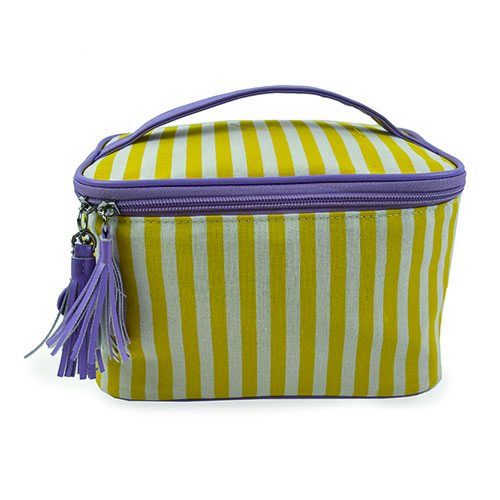 WW25010078 Yellow Stripe with Purple Handle Makeup Bag