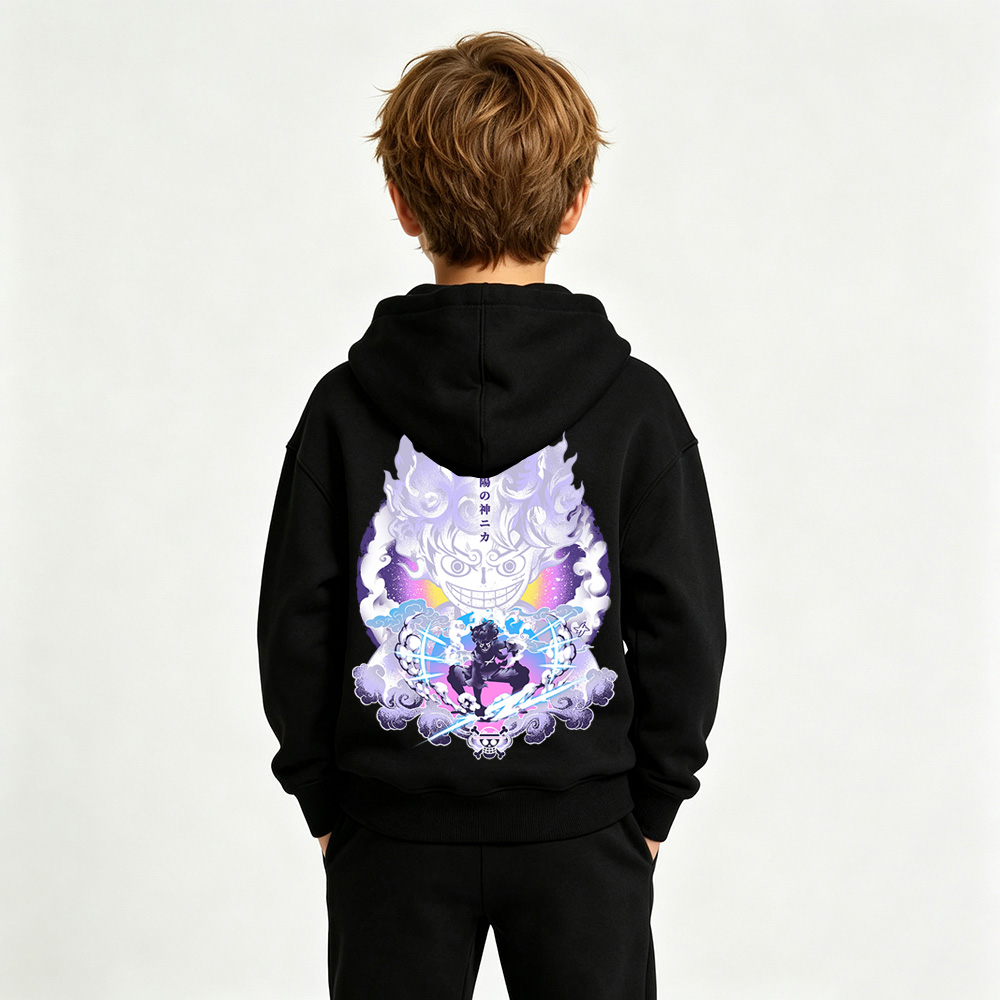 One Piece Anime Graphic Hoodie for Gear 5 Luffy Kids Cartoon Print Cotton Tee