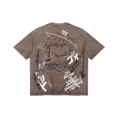 One Piece Zoro Anime Print T-Shirt  Pure Cotton Washed Short-Sleeve Top Cartoon Graphic Style