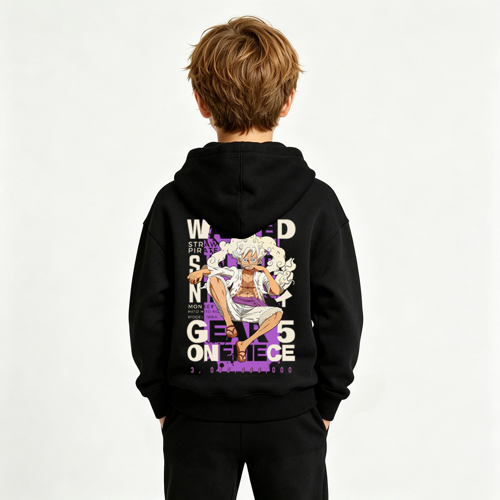 One Piece Anime Graphic Hoodie for Gear 5 Luffy Kids Cartoon Print Cotton Tee