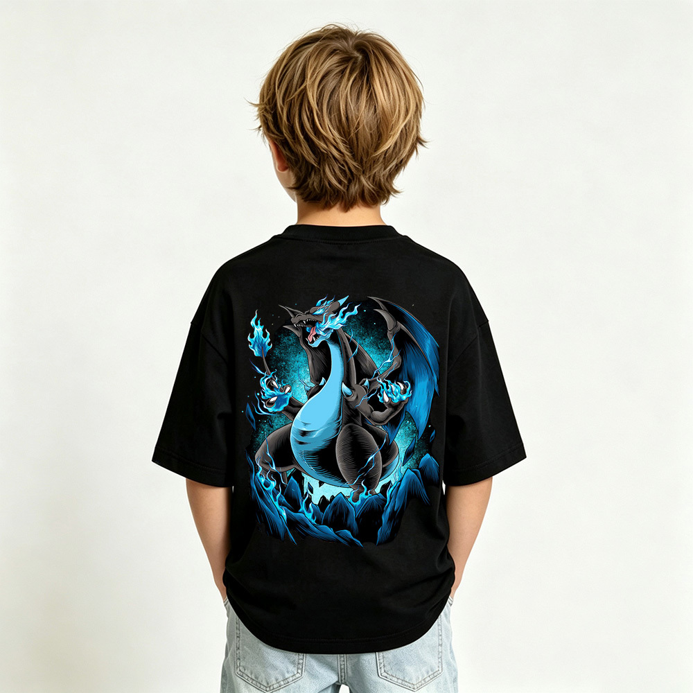 Pokémon Anime Graphic T-Shirt for Mega Charizard X Kids Cartoon Print Cotton Tee