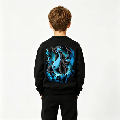 Pokémon Anime Graphic Crewneck Sweatshirt for Mega Charizard X Kids Cartoon Print Cotton Tee