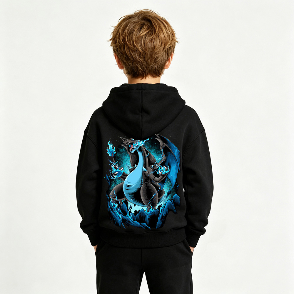 Pokémon Anime Graphic Hoodie for Mega Charizard X Kids Cartoon Print Cotton Tee