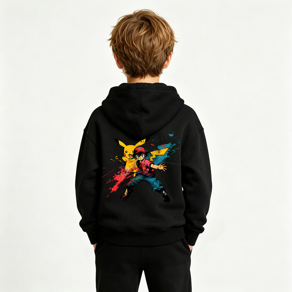 Pokémon Ash Ketchum Pikachu Anime Graphic Hoodie for Kids Cartoon Print Cotton Tee
