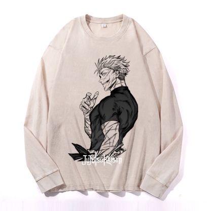 Deep Washed Vintage Anime Print  Long Sleeves T-Shirt-AnimeClothe
